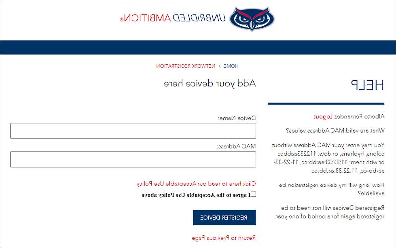 Screenshot of FAU Wireless Registration Screen